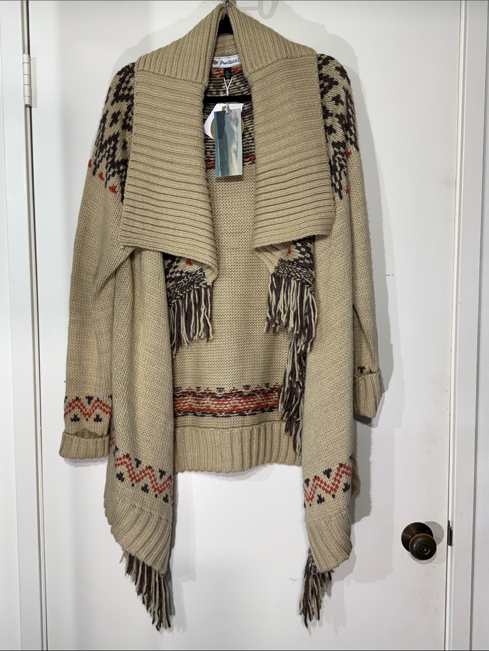 Open-Front Fringe Trim Knit Cardigan Sweater - Beige